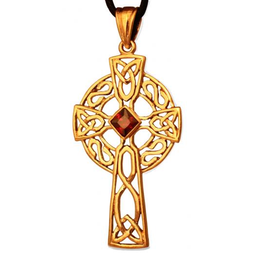 Arcana - Keltisches Kreuz - roter Kristall (Kettenanhänger in Bronze)